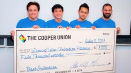 Professors Alan Wolf (l) and Eric Lima (r) with the winners Eric Nguyen and Abiyaz Chowdhury. Photos by Roy Groething