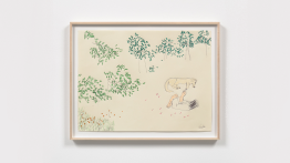 In this drawing, near the bottom right section, a girl with long hair is lying in the grass with a blonde Labrador dog curled up in front of her. They are touching hand to paw and there are flowers in the grass around them. Surrounding them at the top of the drawing is a landscape of tall trees like they are in a forest clearing. 