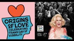 Graphic that shows event title with images of the chorus singing and Mx Justin Vivian Bond