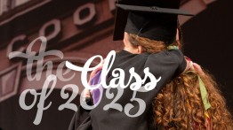 image of grad hugging another with text of Class of 2025