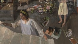 Detail of a painting showing a woman in a white blouse leaning over a large sheet with lines, surrounded by scattered books and flowers, with part of another figure visible nearby.
