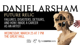 Text with information about the event including Daniel Arsham's name with an image of a statue bust on the right