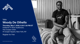 Image split into two halves: Blue half of square on left side with text about event; right side is portrait of artist