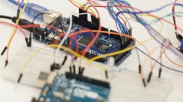 Microcontrollers and breadboards used by Summer STEM students to assemble electronics.