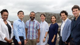 The new assistant professors (l to r): Leslie Hewitt A'00, Neal (Simon) Kwong CE'09, William Villalongo A'99, Lucy Raven, Neveen Shlayan, Raffaele Bedarida and Diego Malquori. Photo by Joao Enxuto/The Cooper Union