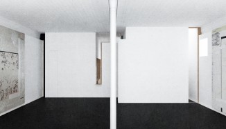 Rendered view of main gallery space toward utility and kitchen clusters