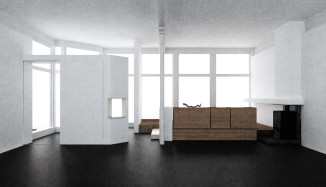 Rendered view of entry and store cluster from gallery