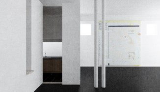 Rendered view of kitchen cluster entry from gallery