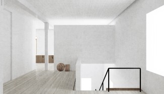 Rendered view toward atrium, office, and bathing/changing cluster