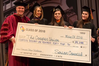Bill Mea, Alexa Reghenzani AR'16, Alexa Orrico ChE'16 and Antonia Stoyanovich A'16 present the senior class gift