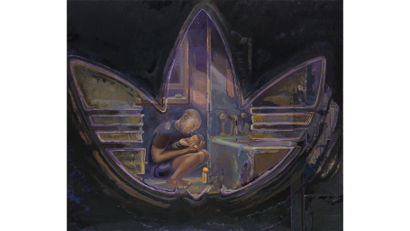 Detail: Aaron Gilbert, The Dream Before (22), 2024, oil on linen, © Aaron Gilbert, photography by Lance Brewer, courtesy of the artist and Gladstone.