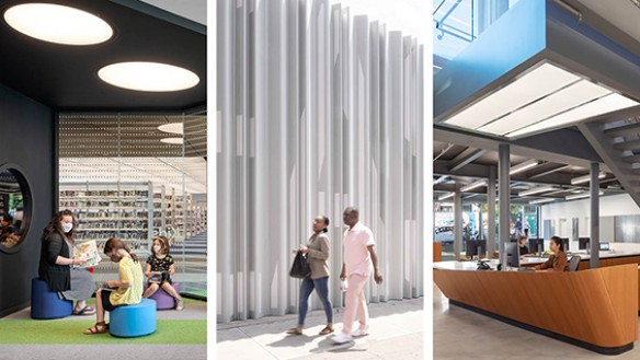 Left: Andrew Berman Architect | Skokie Public Library, Skokie, IL, 2021. Image credit: Michael Moran. Middle: LEVENBETTS | East Flatbush Library, Brooklyn, NY, 2023. Image credit: Naho Kubota. Right: Marble Fairbanks | Greenpoint Library and Environmental Education Center, Brooklyn, NY, 2020. Image credit: Michael Moran/OTTO