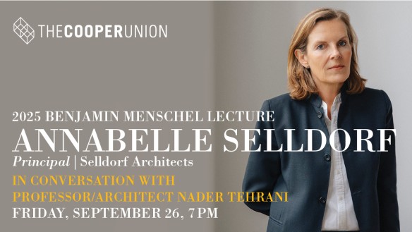 Image of Selldorf in jacket with event name, date, and time