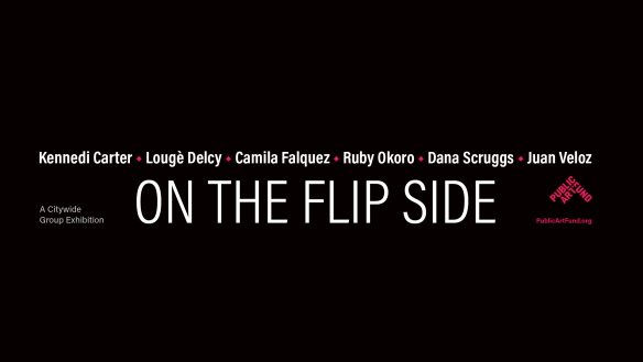 Black rectangle with words On the Flip Side in white and the six artists names above On the Flip Side