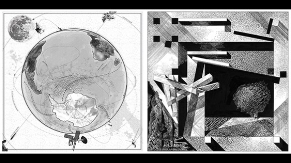 Left: Geostories, “At the Bottom of the World,” Of Oil and Ice, 2017. Right: Franco Purini, Teatrino N. 5 - Teatrini, Small Theater N 5, From the series "Theatres," 1997.
